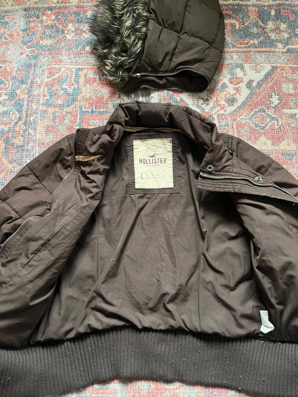 Hollister Quilted Bomber Jacket with Removable Faux Fur Hood - Brown - Large - Picture 5 of 16